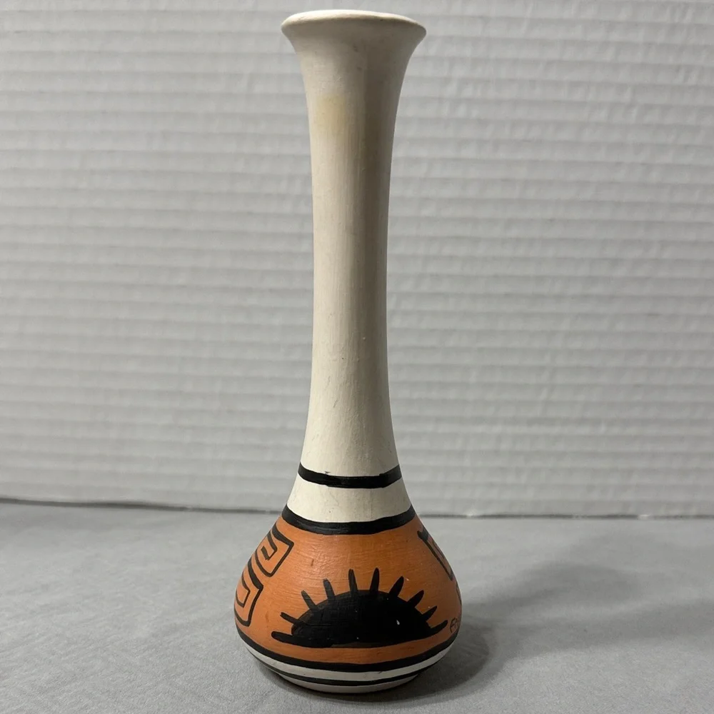 Native American Pottery Hand Painted Bud Vase Sun Motif Geometric Pattern 6”